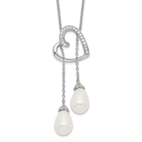 FW Cultured Pearl CZ Two Become One 18in Heart Necklace Charm Pendant in Real 925 Sterling Silver