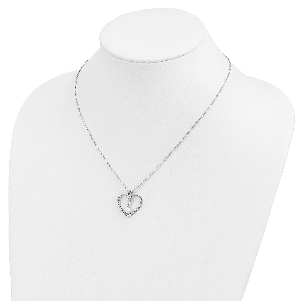 CZ and FW Cultured Pearl My Friend 18in Heart Necklace Charm Pendant in Real 925 Sterling Silver