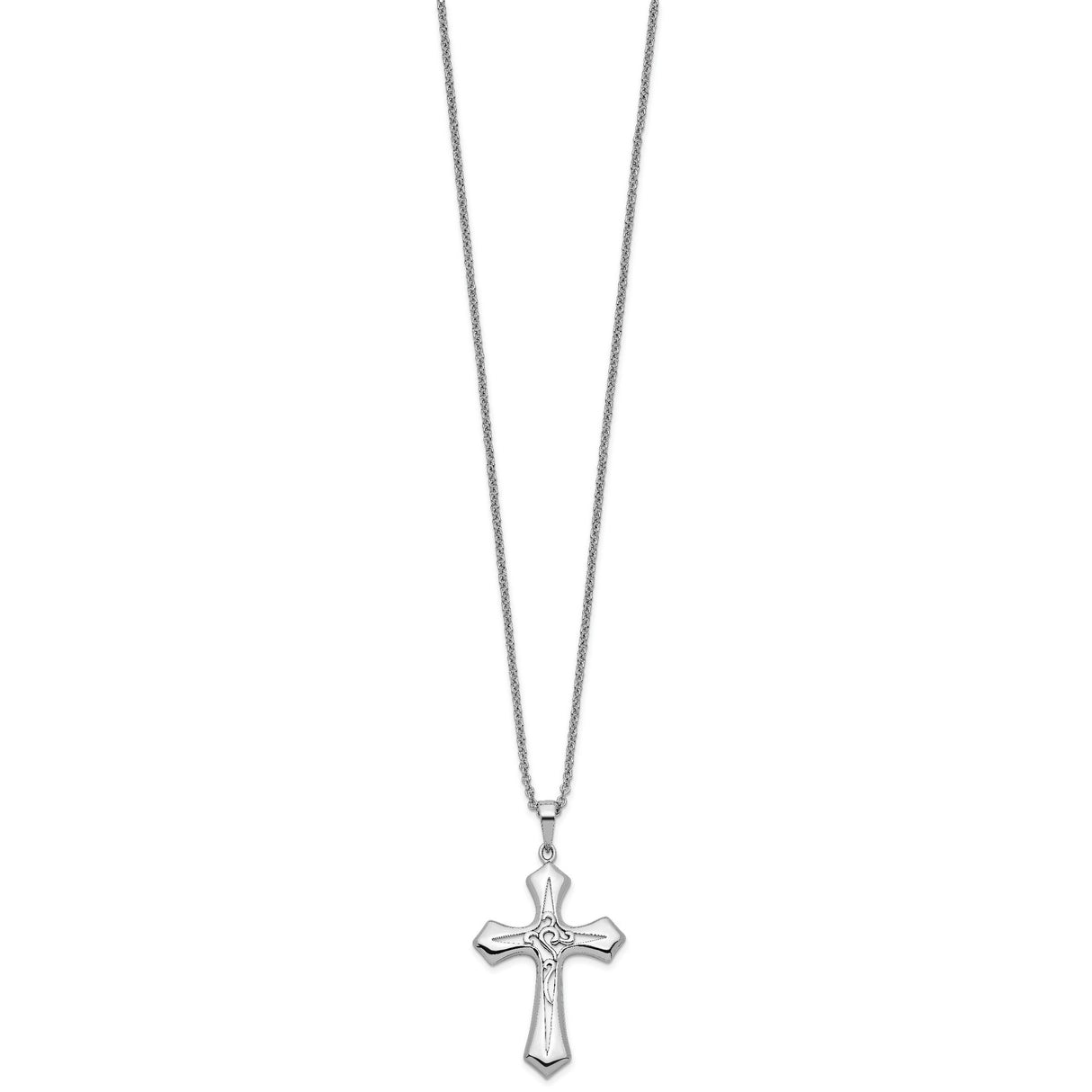 Sterling Silver Cross Pendant with Beveled Edges and Vintage Vine Design