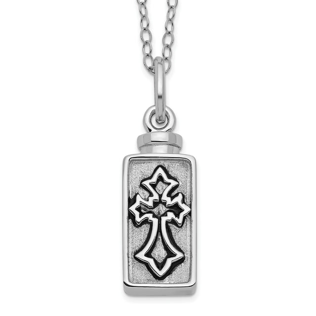 Antiqued Rectangle Box Cross Ash Holder 18 Inch Necklace Charm Pendant in Real 925 Sterling Silver
