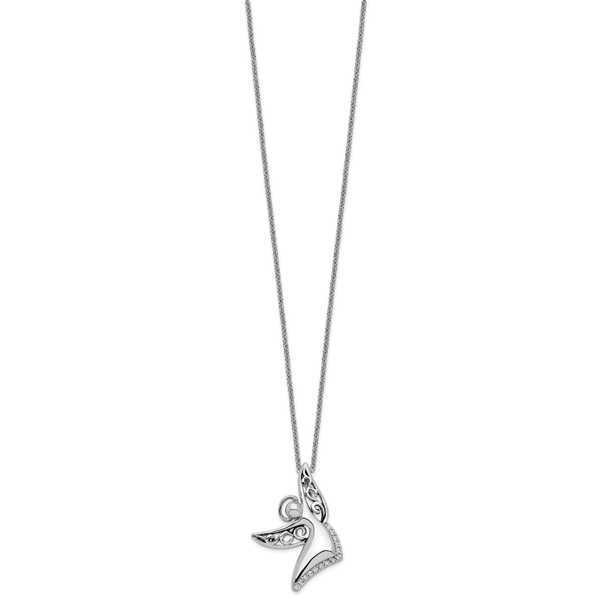 CZ Antiqued Angel Of Joy 18in. Necklace Charm Pendant in Real 925 Sterling Silver