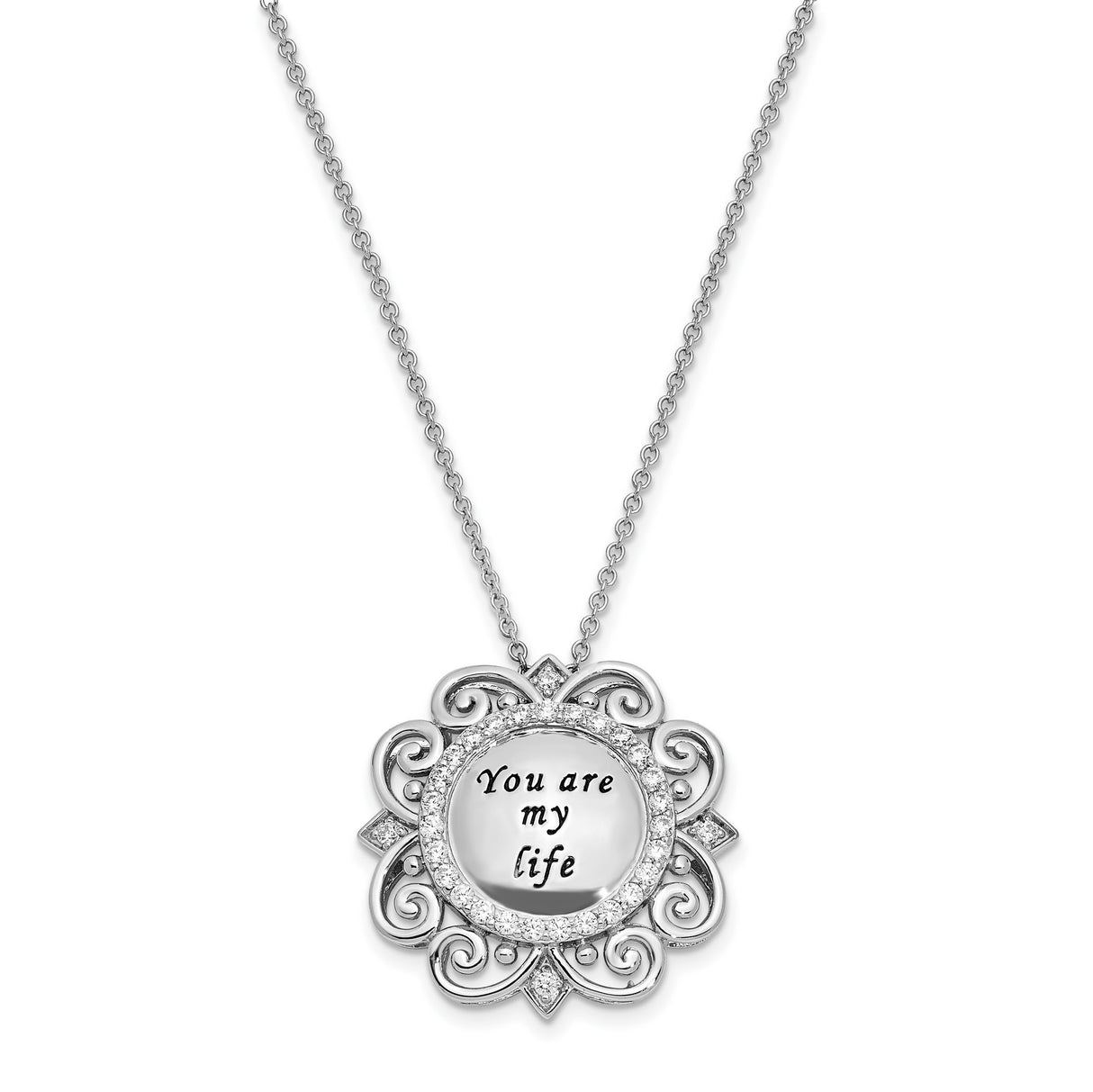 CZ Antiqued You Are My Life 18in. Necklace Charm Pendant in Real 925 Sterling Silver