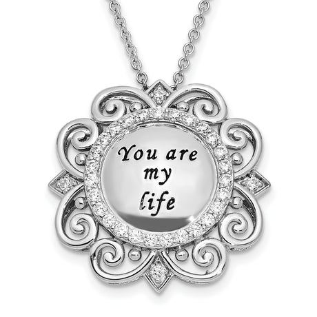 CZ Antiqued You Are My Life 18in. Necklace Charm Pendant in Real 925 Sterling Silver
