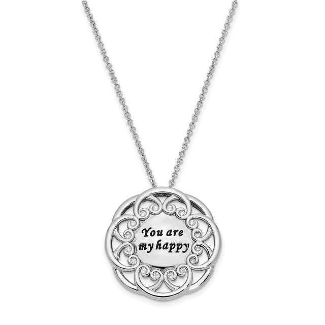CZ Antiqued You Are My Happy 18in. Necklace Charm Pendant in Real 925 Sterling Silver