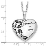Antiqued Paw Print Remembered in Love Heart 18 Inch Necklace Charm Pendant in Real 925 Sterling Silver
