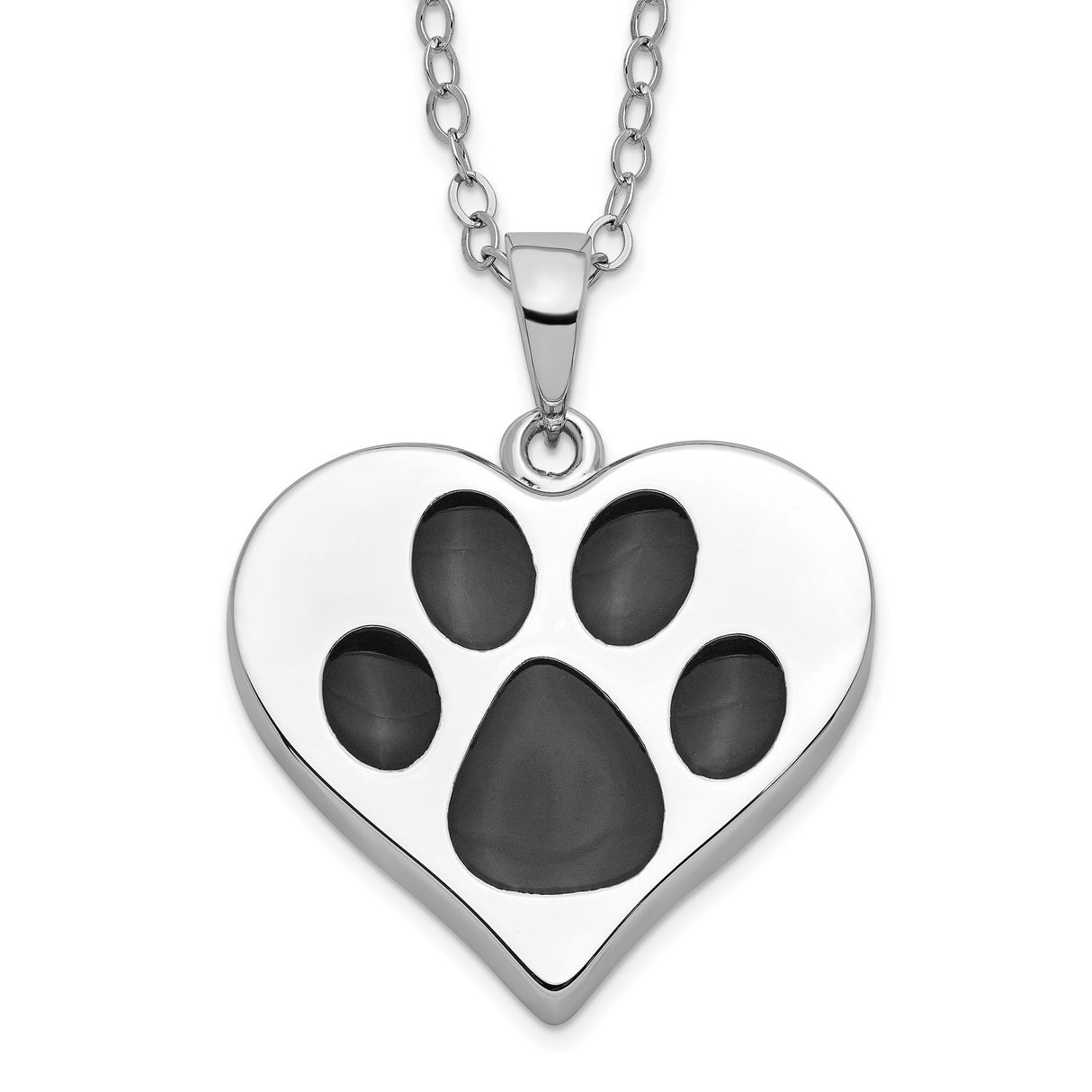 Black Paw Print On Heart Shaped Ash Holder Necklace Charm Pendant in Real 925 Sterling Silver