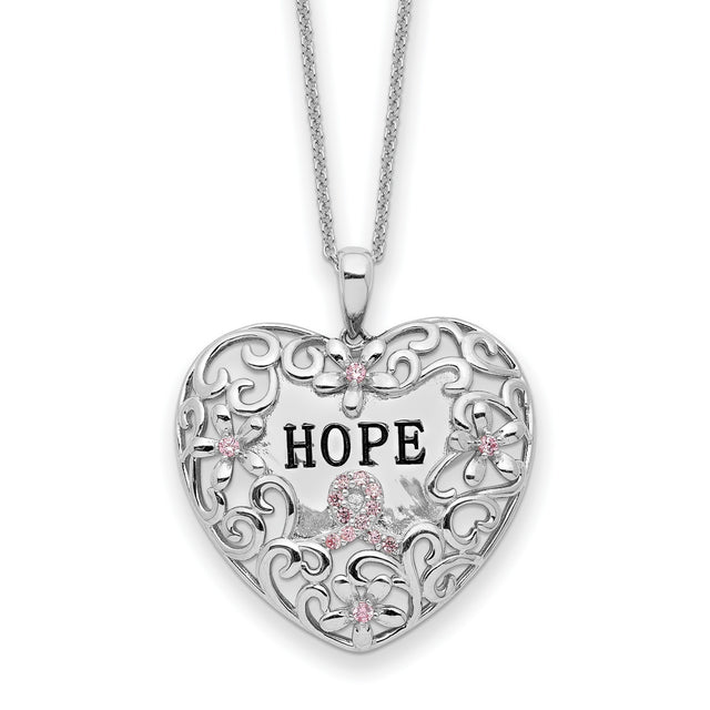 Pink CZ Breast Cancer Heart 18 inch Necklace Charm Pendant in Real 925 Sterling Silver