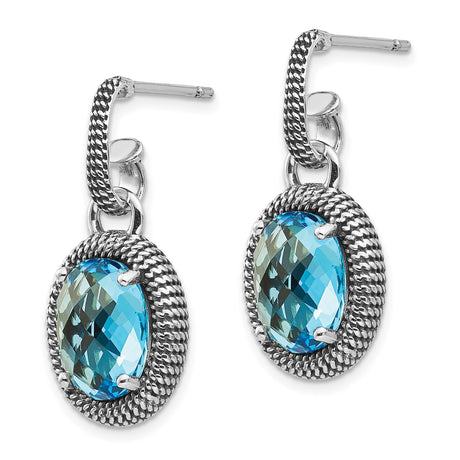 Sterling Silver and 14k Yellow Gold Dangle Earrings with Swiss Blue Topaz and Rope Border Design