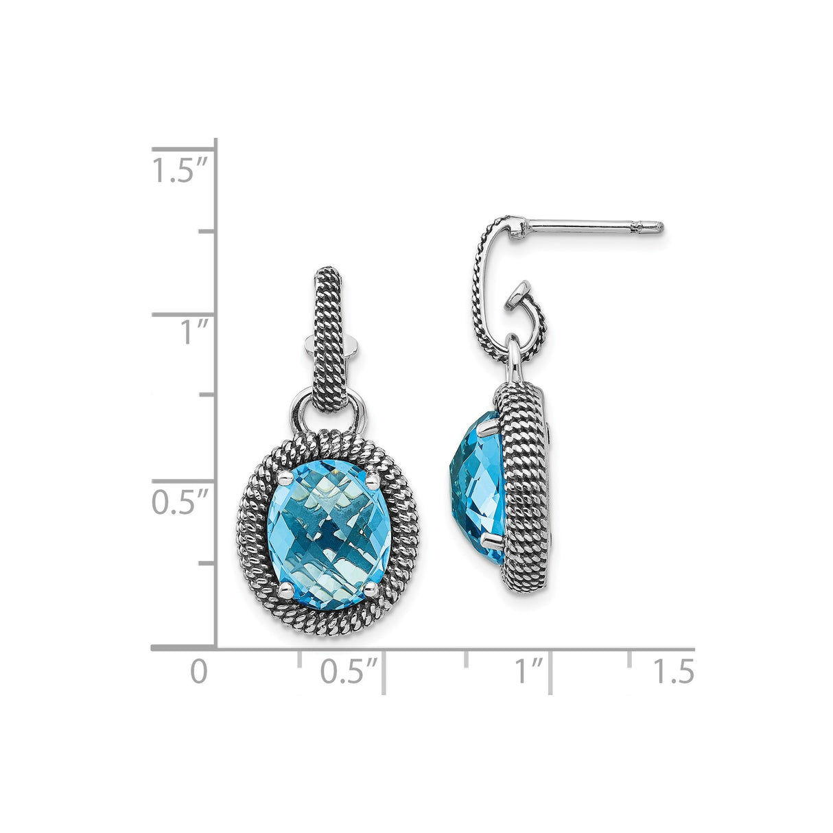 Sterling Silver and 14k Yellow Gold Dangle Earrings with Swiss Blue Topaz and Rope Border Design