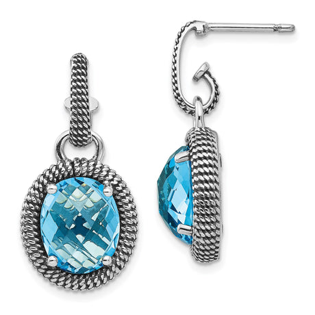 Sterling Silver and 14k Yellow Gold Dangle Earrings with Swiss Blue Topaz and Rope Border Design