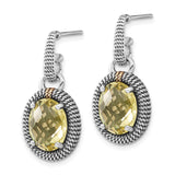 14k Yellow Gold and Sterling Silver Dangle Earrings with Lemon Quartz, Rope Detailing, Vintage Style
