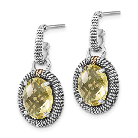 14k Yellow Gold and Sterling Silver Dangle Earrings with Lemon Quartz, Rope Detailing, Vintage Style