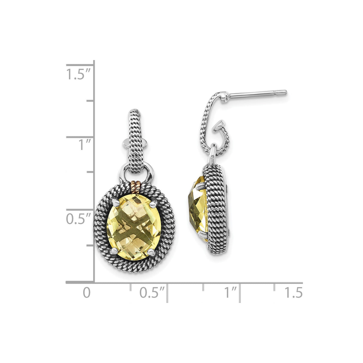 14k Yellow Gold and Sterling Silver Dangle Earrings with Lemon Quartz, Rope Detailing, Vintage Style