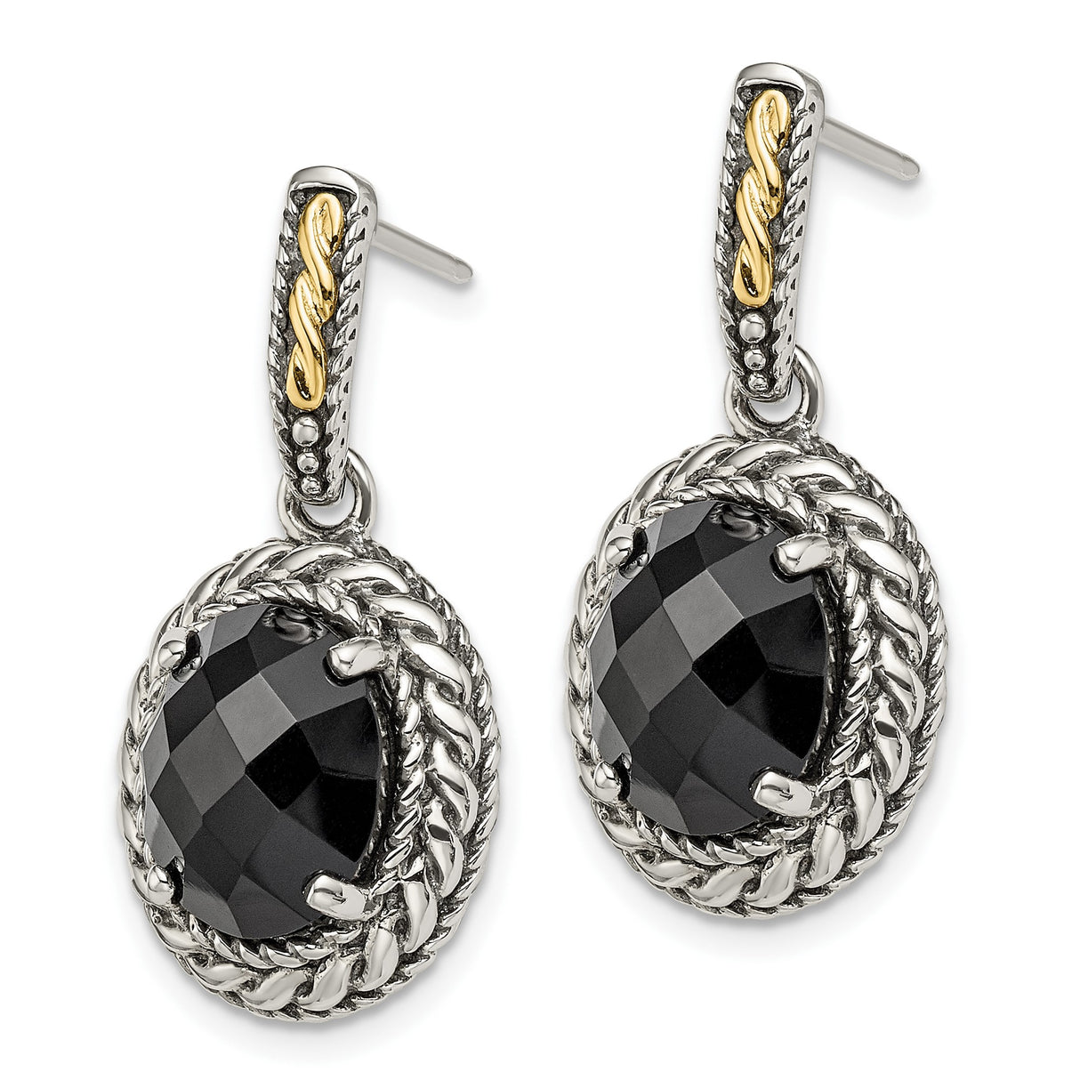 14k Two-Tone Yellow Gold Dangle Earrings with Black Onyx and Twisted Rope Bezel