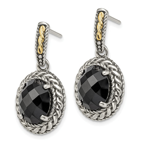 14k Two-Tone Yellow Gold Dangle Earrings with Black Onyx and Twisted Rope Bezel