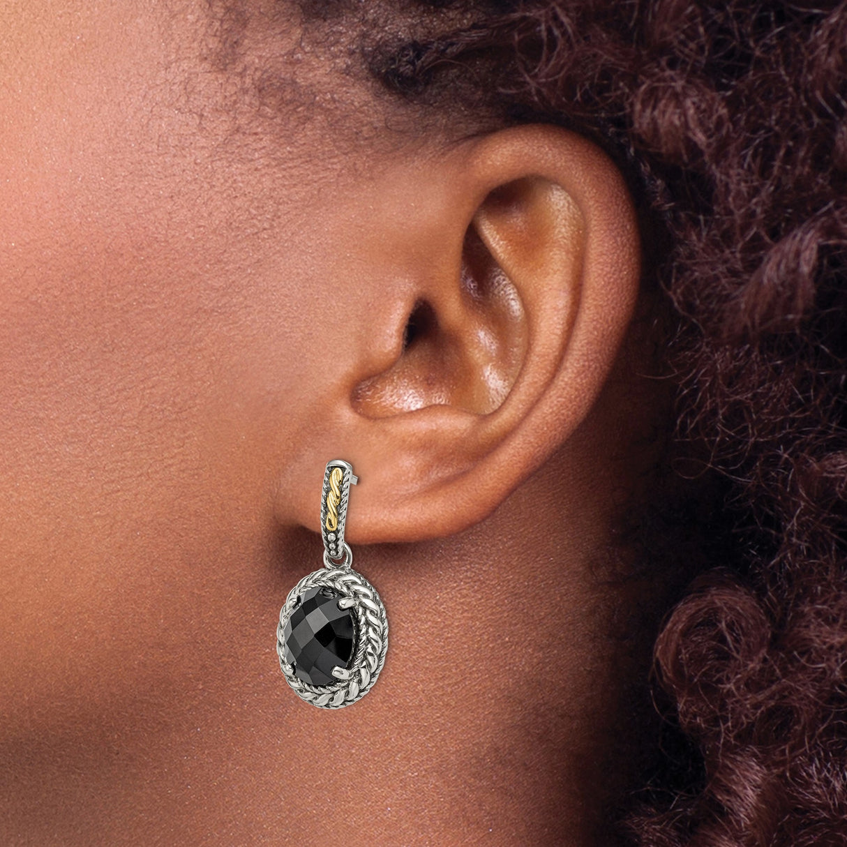 14k Two-Tone Yellow Gold Dangle Earrings with Black Onyx and Twisted Rope Bezel