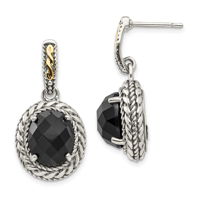 14k Yellow Gold and Sterling Silver Dangle Earrings with Black Onyx and Twisted Rope Bezel