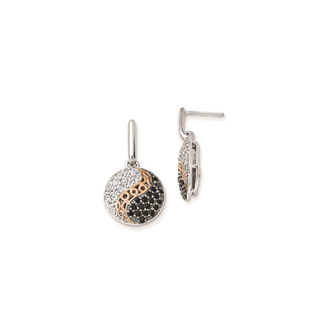 Sterling Silver Yin Yang Dangle Earrings with Onyx and White Topaz, Rose Gold Accent, Spiritual Design