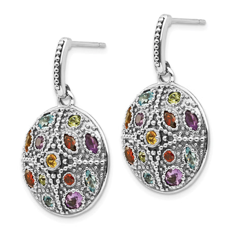 Sterling Silver Dangle Earrings with Citrine and Amethyst, Textured Medallion Cross Design, Boho Style