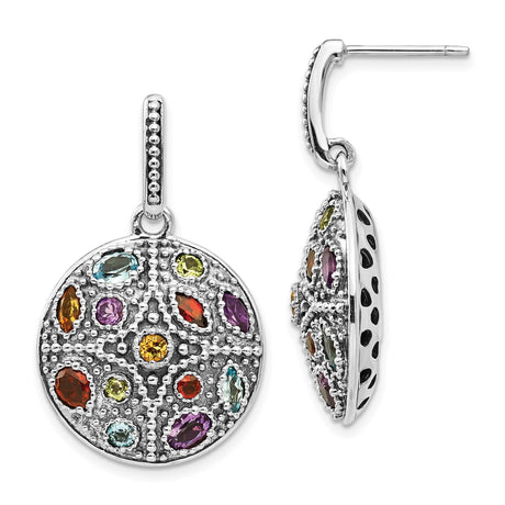 Sterling Silver Dangle Earrings with Citrine and Amethyst, Textured Medallion Cross Design, Boho Style