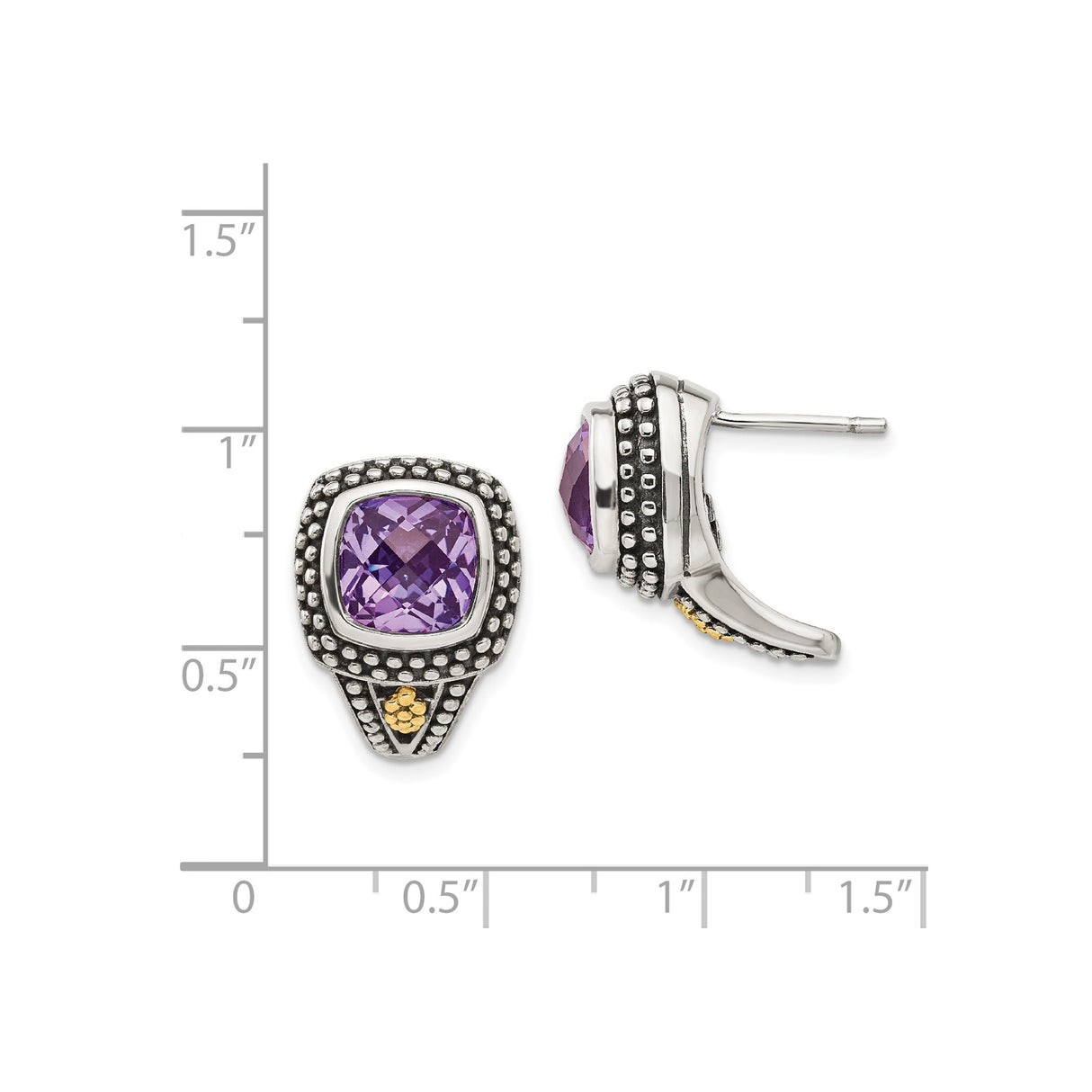 14k Yellow Gold Earrings with Amethyst, Two-Tone Studs with Oxidized Beaded Detail, Modern Vintage Style
