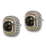 14k Yellow Gold Stud Earrings with Black Onyx, Cushion Shape, Rope and Beaded Edge, Two-Tone Design
