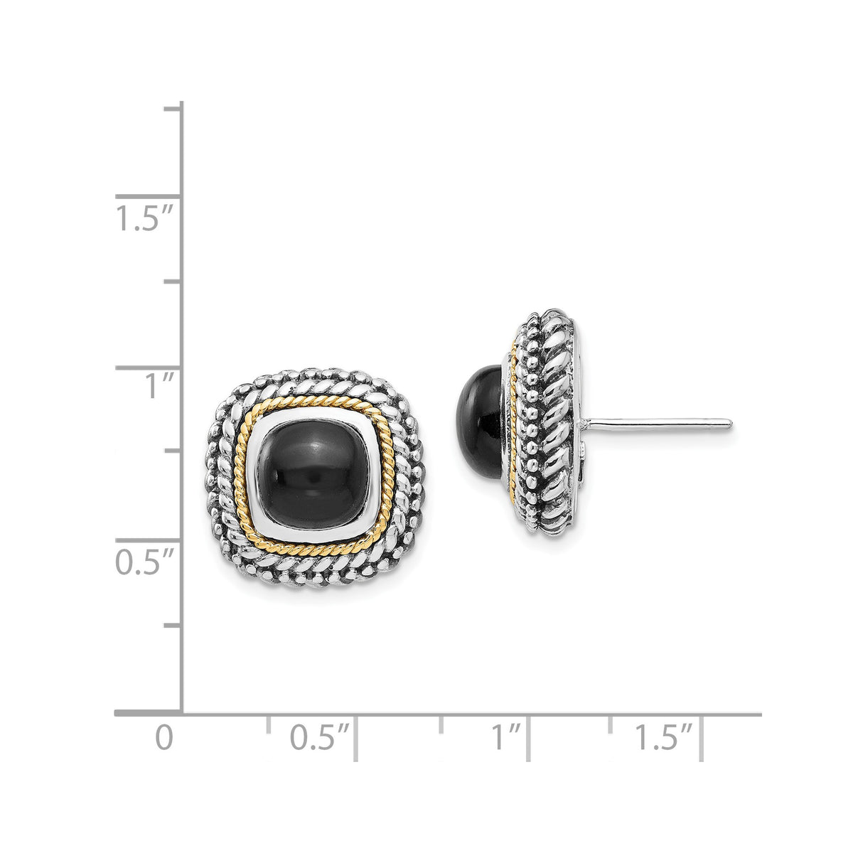 14k Yellow Gold Stud Earrings with Black Onyx, Cushion Shape, Rope and Beaded Edge, Two-Tone Design