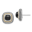 14k Yellow Gold Stud Earrings with Black Onyx, Cushion Shape, Rope and Beaded Edge, Two-Tone Design