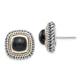14k Yellow Gold Stud Earrings with Black Onyx, Cushion Shape, Rope and Beaded Edge, Two-Tone Design