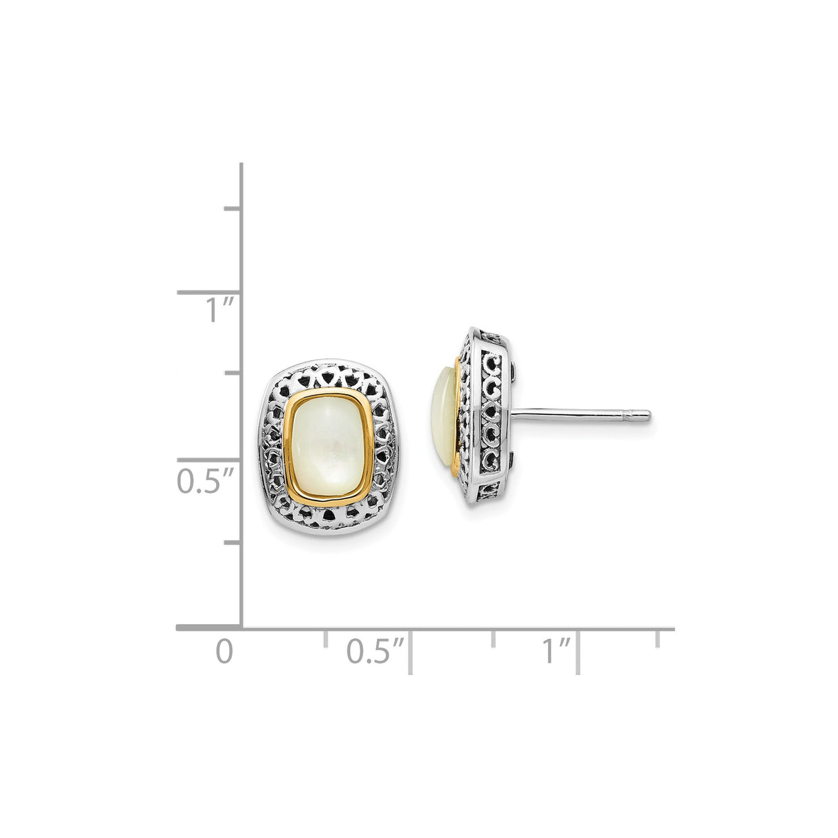 14k Yellow Gold and Sterling Silver Stud Earrings with Mother of Pearl, Vintage Filigree Design