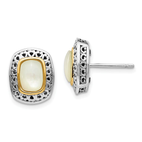 Two-Tone Stud Earrings for Women with White Rectangular Stone, 14k Gold Bezel Set in Antiqued Silver Filigree Border, Vintage Scrollwork Design, Formal Refined Jewelry, Classic Fashion Studs