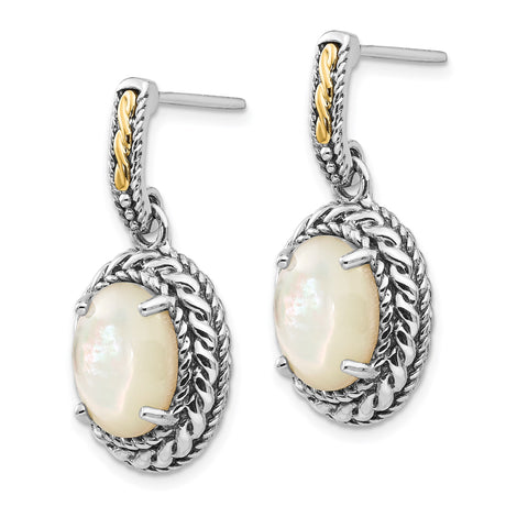 14k Two-Tone Yellow Gold Dangle Earrings with Oval Mother of Pearl and Twisted Rope Border