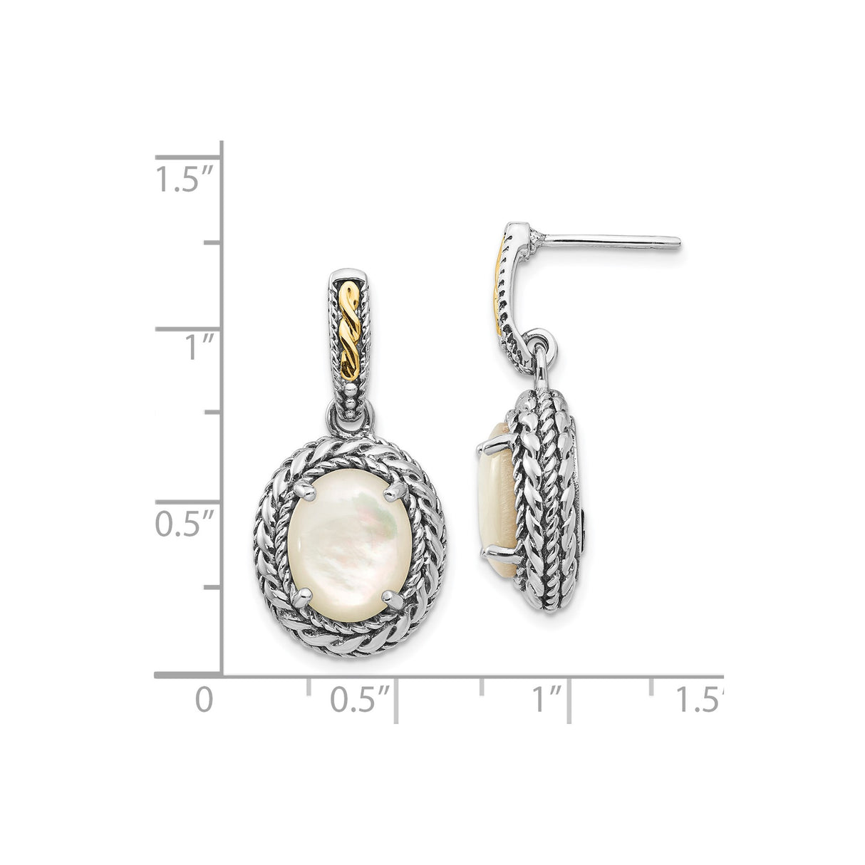 14k Two-Tone Yellow Gold Dangle Earrings with Oval Mother of Pearl and Twisted Rope Border
