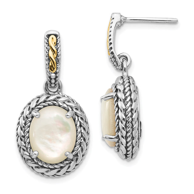 Sterling Silver and 14k Yellow Gold Dangle Earrings with Oval Mother of Pearl and Twisted Rope Border