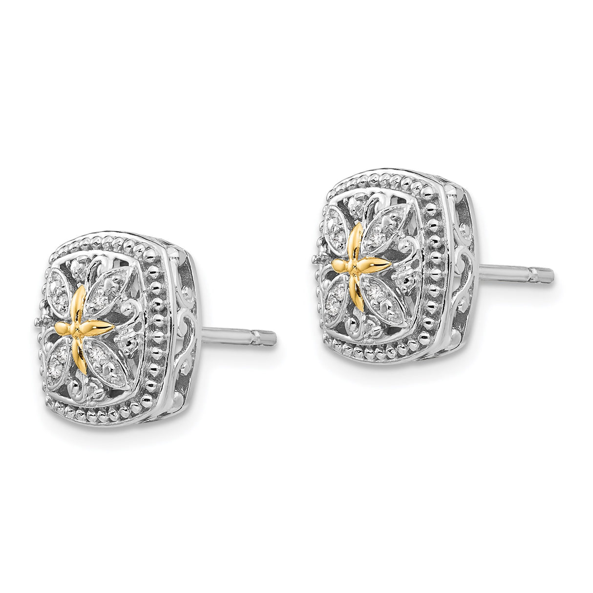 14k Two-Tone Yellow Gold Floral Stud Earrings with Diamond Accents, Vintage Inspired