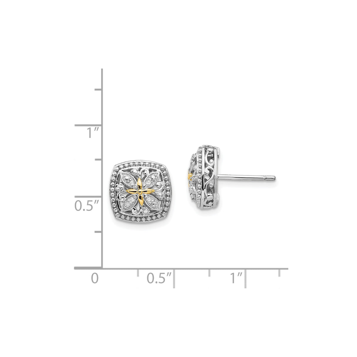 14k Two-Tone Yellow Gold Floral Stud Earrings with Diamond Accents, Vintage Inspired