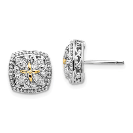Sterling Silver and 14k Yellow Gold Floral Stud Earrings with Diamond Accents, Vintage Inspired