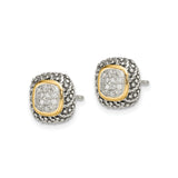 14k Yellow Gold and Sterling Silver Cushion Stud Earrings with Diamond Cluster, Vintage Style