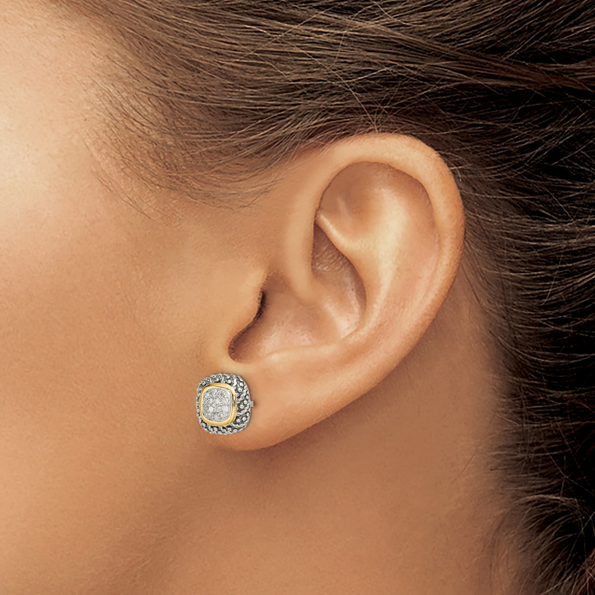 14k Yellow Gold and Sterling Silver Cushion Stud Earrings with Diamond Cluster, Vintage Style