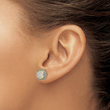 14k Yellow Gold and Sterling Silver Cushion Stud Earrings with Diamond Cluster, Vintage Style