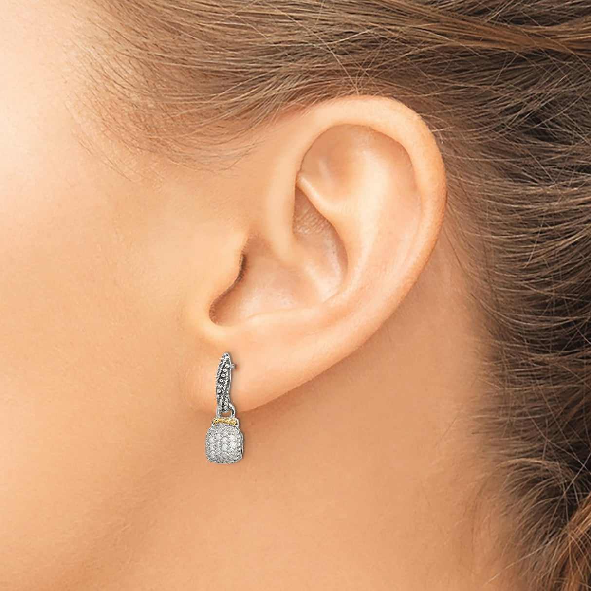 14k Yellow Gold and Sterling Silver Drop Earrings with Diamond Pavé, Textured Vintage-Inspired Design