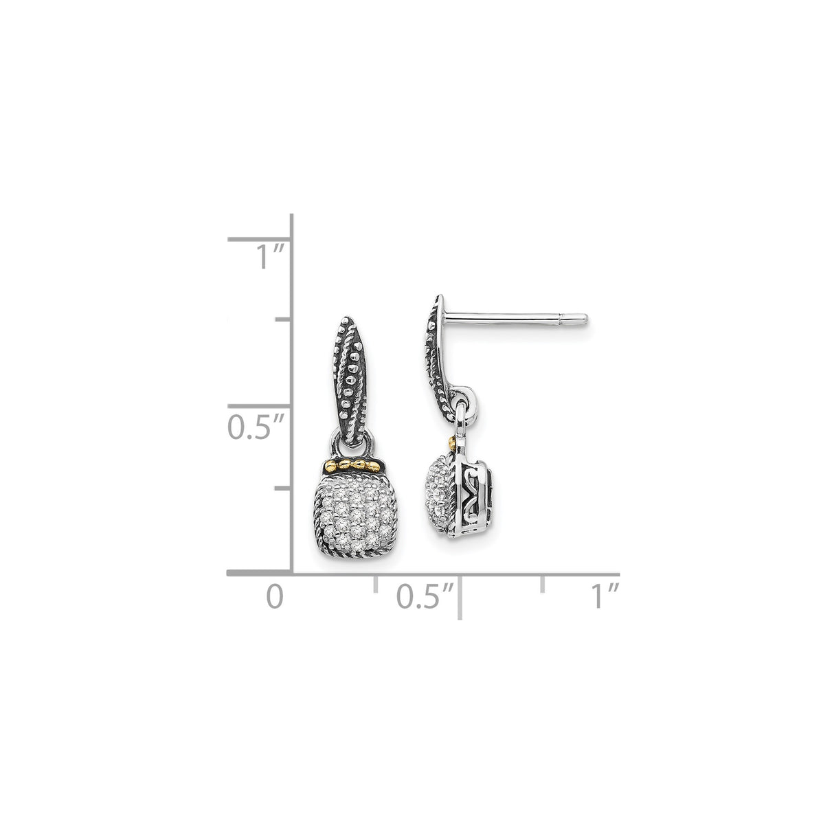 14k Yellow Gold and Sterling Silver Drop Earrings with Diamond Pavé, Textured Vintage-Inspired Design