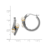 14k Two-Tone Yellow Gold Hoop Earrings with Cultured Pearl and Braided Rope Design