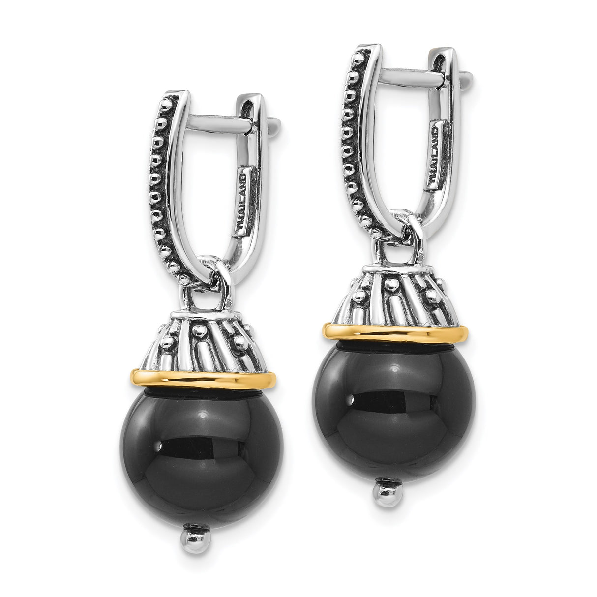 14k Two-Tone Yellow Gold Dangle Earrings with Black Onyx Beads, Beaded Drop Design