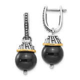 14k Yellow Gold and Sterling Silver Dangle Earrings with Black Onyx Beads, Beaded Drop Design
