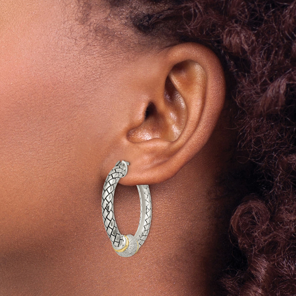 14k Yellow Gold Hoop Earrings with Diamond Pavé Center Bead and Braided Two-Tone Design