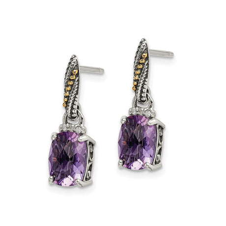 14k Yellow Gold Dangle Earrings with Amethyst and Diamond, Scrollwork Vintage Design