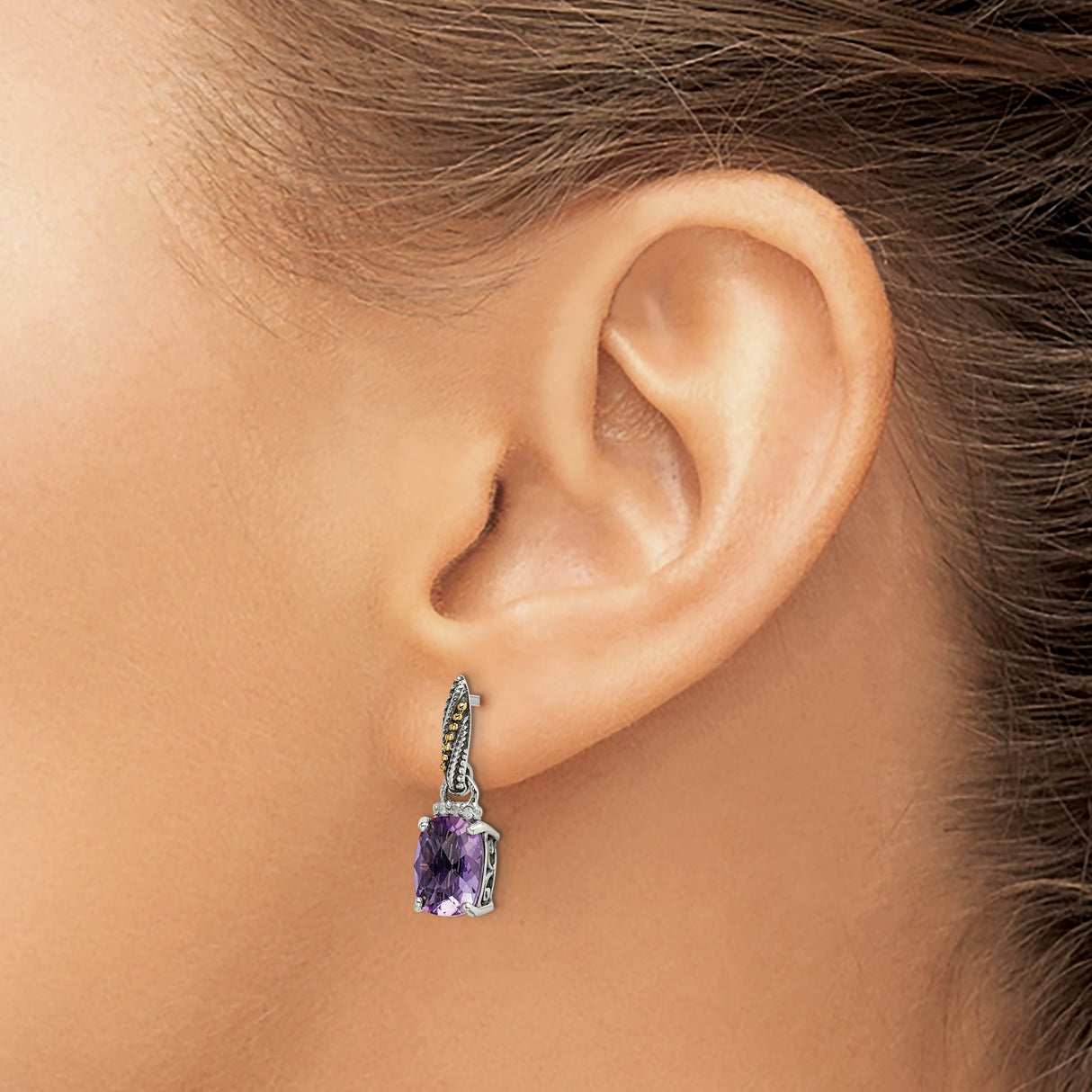 14k Yellow Gold Dangle Earrings with Amethyst and Diamond, Scrollwork Vintage Design