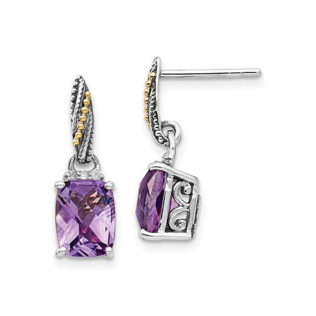 14k Yellow Gold Dangle Earrings with Amethyst and Diamond, Scrollwork Vintage Design