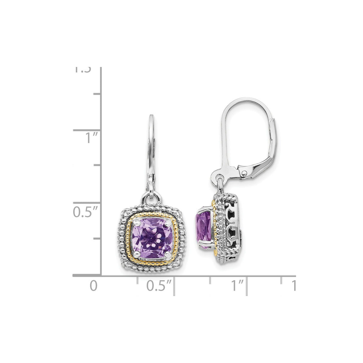 14k Yellow Gold and Sterling Silver Dangle Earrings with Amethyst, Vintage Inspired Design